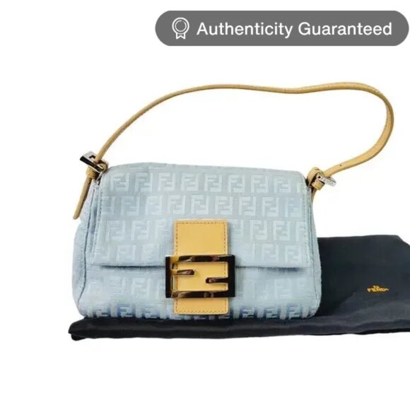 Fendi Handbags - Authentic FENDI Mamma Zucca Bucket Baguette Pastel Blue Flap Bag Purse Tote FF